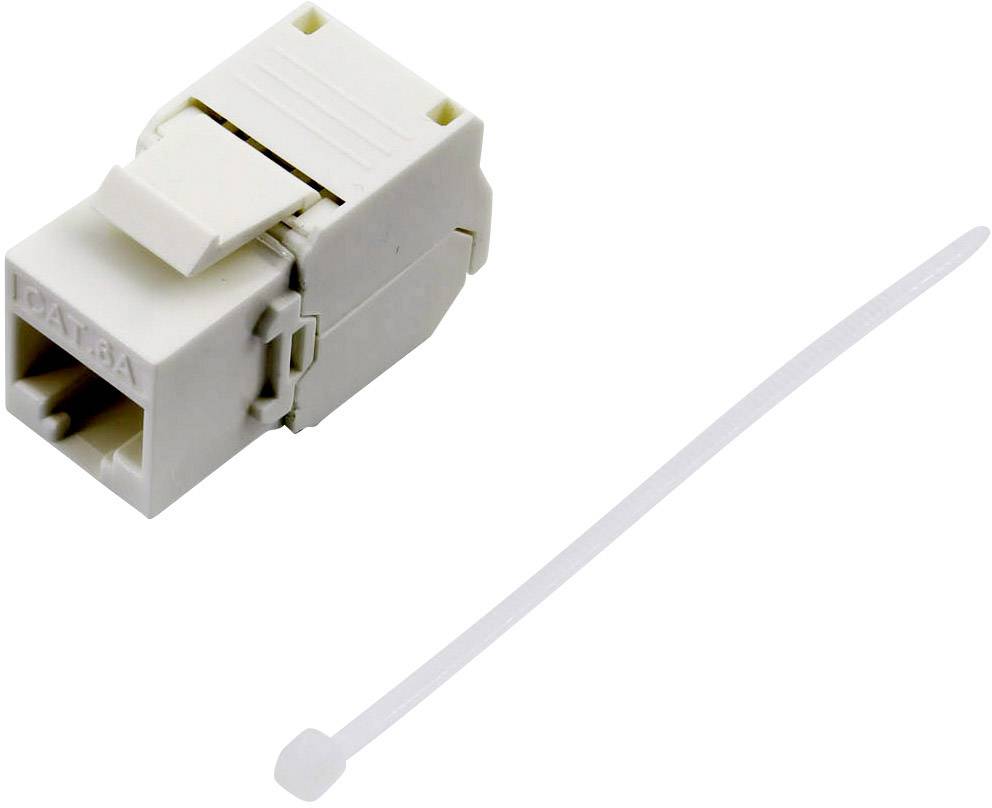 A white network coupling element with an RJ45 port and a cable tie, used in data transmission and network installation.