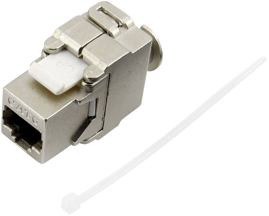 Metallic network plug for cable connections, next to a cable tie. Essential for effective data transmission in networks.