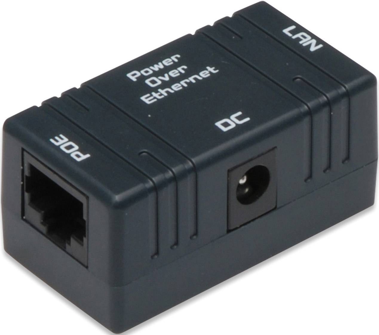 A black PoE injector with 'Power Over Ethernet', 'LAN', 'POE' and 'DC' labels on the top surface.