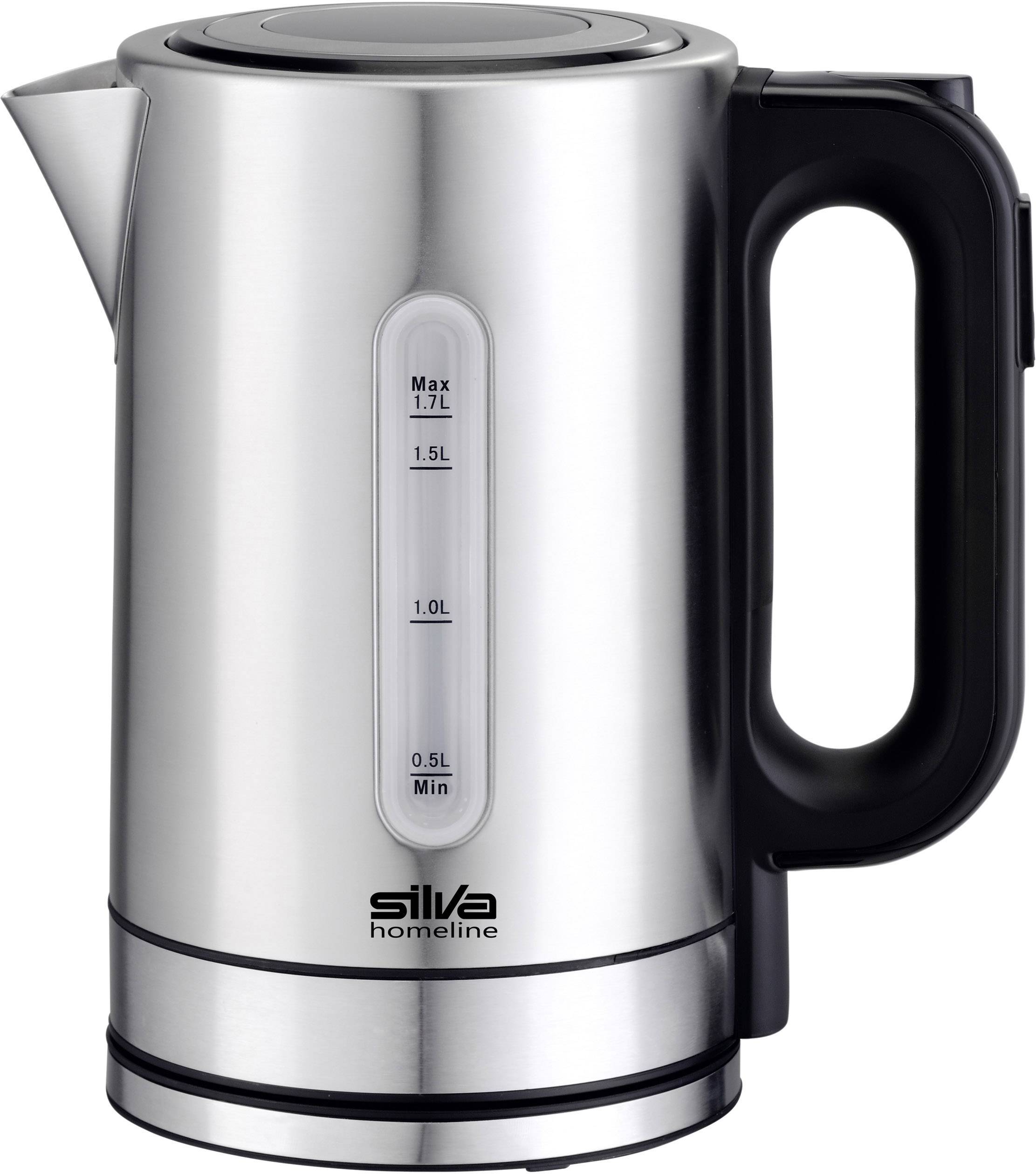 Silver electric kettle with a black handle, side water level indicator, and the text 'silva homeline'.