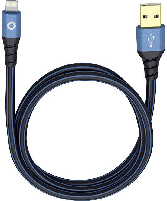 A blue USB cable with a USB plug at one end and a Lightning plug at the other end, suitable for charging purposes.