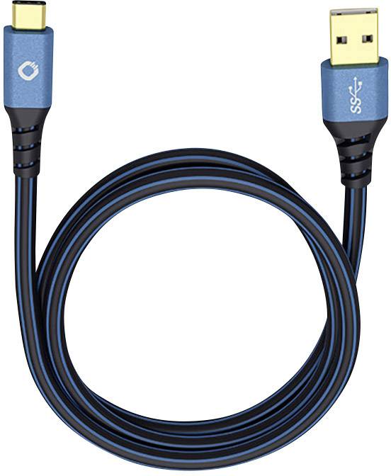 A blue USB cable with a USB-C plug on one side and a USB-A plug on the other side.