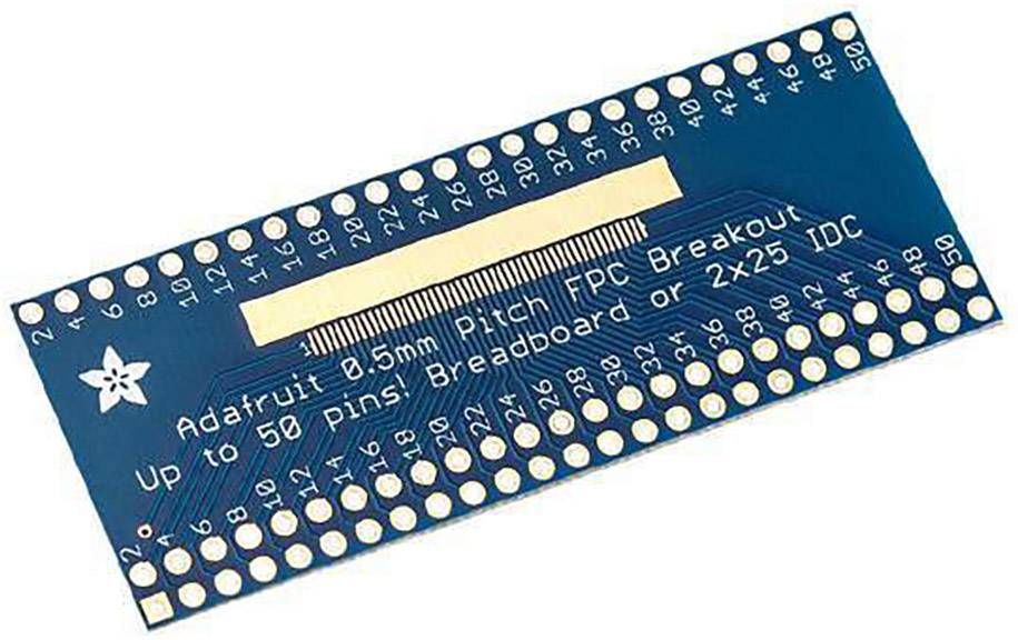 A blue circuit board with the inscription 'Adafruit 0.5mm Pitch FPC Breakout'. It displays 50 connection slots.