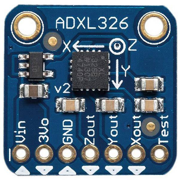 'ADXL326 Sensor' at the top of a blue circuit board with multiple electronic components and labelled connections for Vin, 3V0, GND, Zout, Yout, Xout, Test.