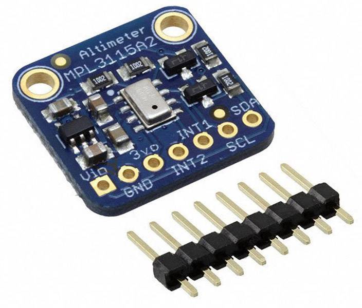 A blue barometric sensor with the inscription 'Altimeter MPL3115A2' and several connection pins for altitude measurement.