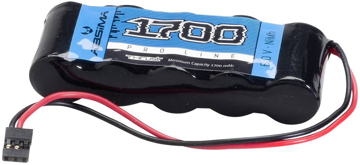 A blue battery with the inscription '1700 NiMH Pro Line', featuring red and black wires and a connector, is placed on a white background.