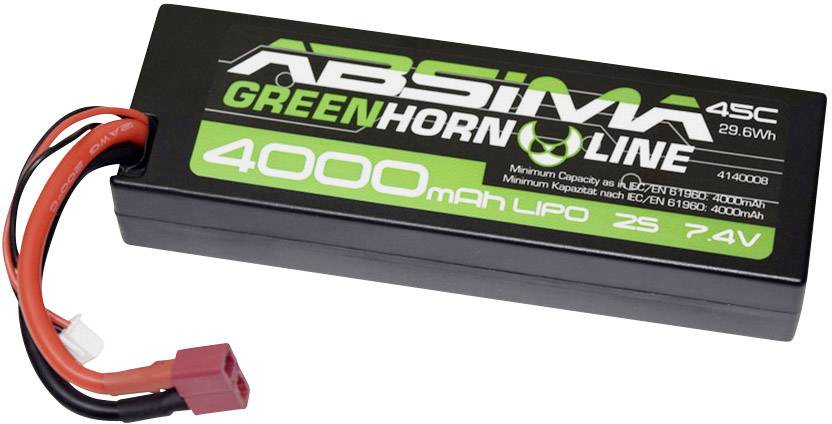 Battery by Absima, labelled: 'Greenhorn Line', 4000 mAh, LiPo, 2S, 7.4V, 45C, 29.6Wh. Contains red and black cables with plug connector.