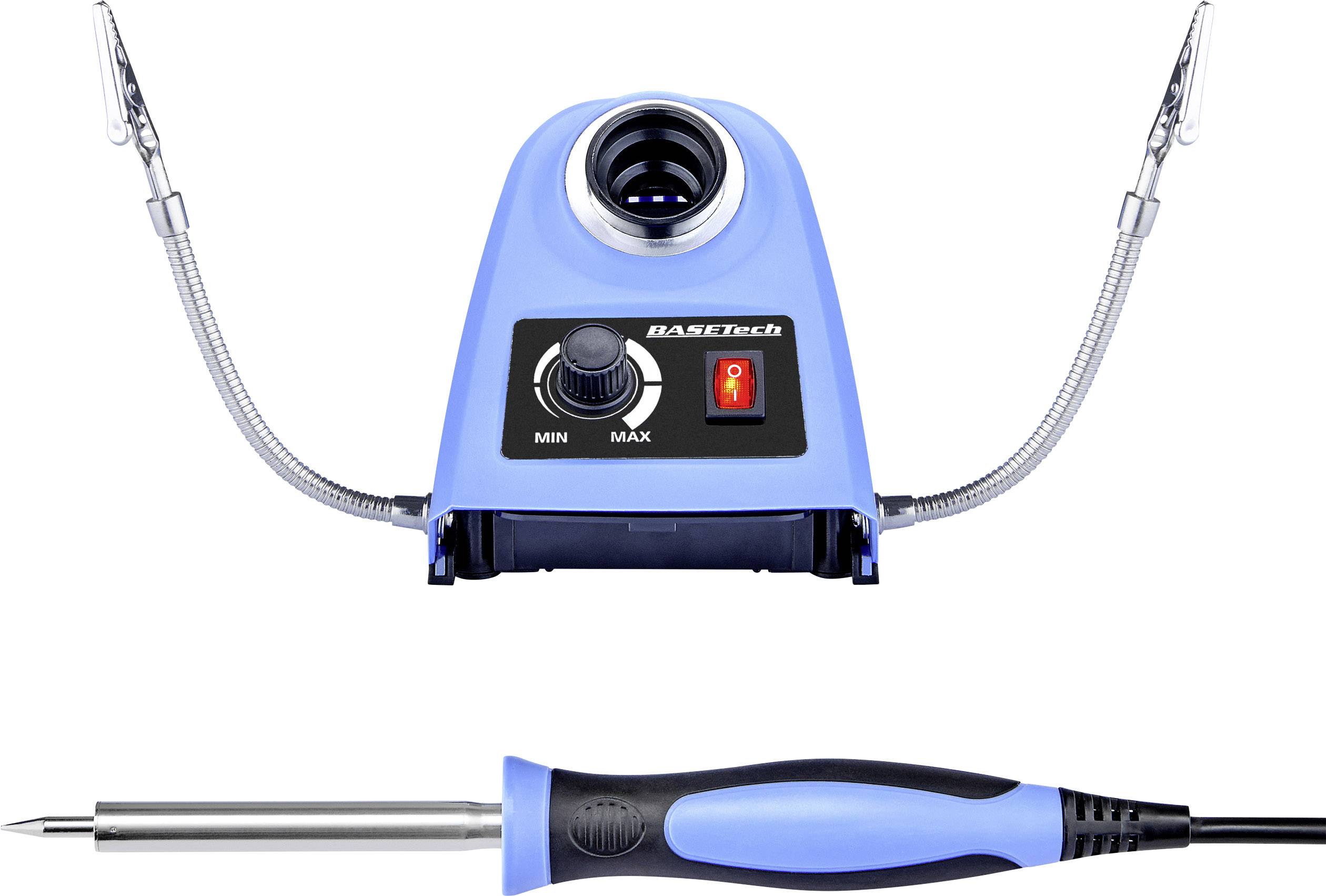 Soldering iron with blue station, temperature control knob and two flexible holders. Suitable for electronics work.