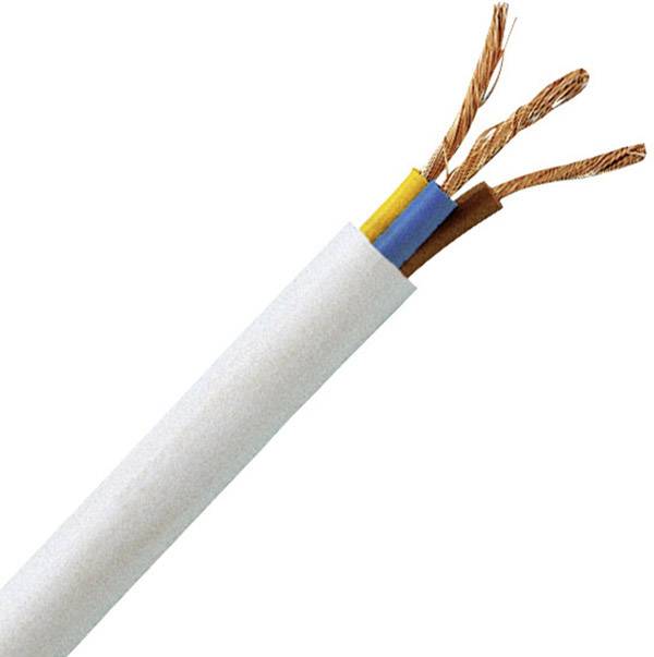 An electrical cable with three copper wires, each in blue, yellow and brown insulation, protrudes from a white plastic sheath.