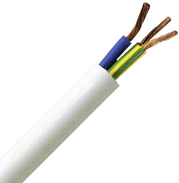 A white cable with three coloured wires: blue, yellow-green, brown. The wires are partly stripped and visible.