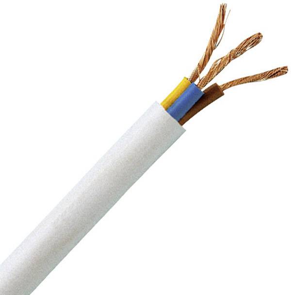 An exposed electrical cable with three wires: blue, yellow-green and brown. The wires are partially exposed and braided.