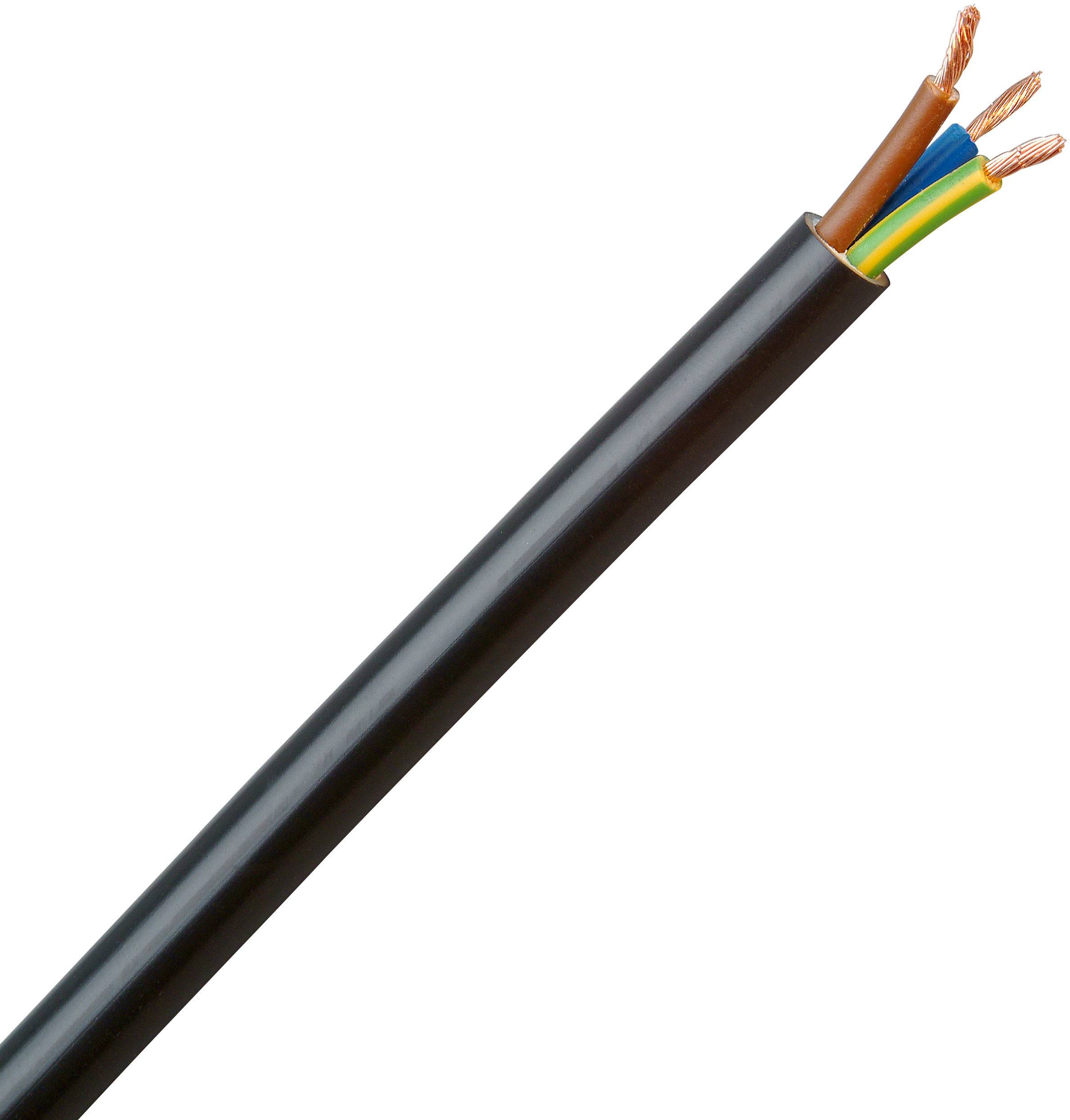 Black electrical cable with five coloured, insulated cores, partly made of copper.