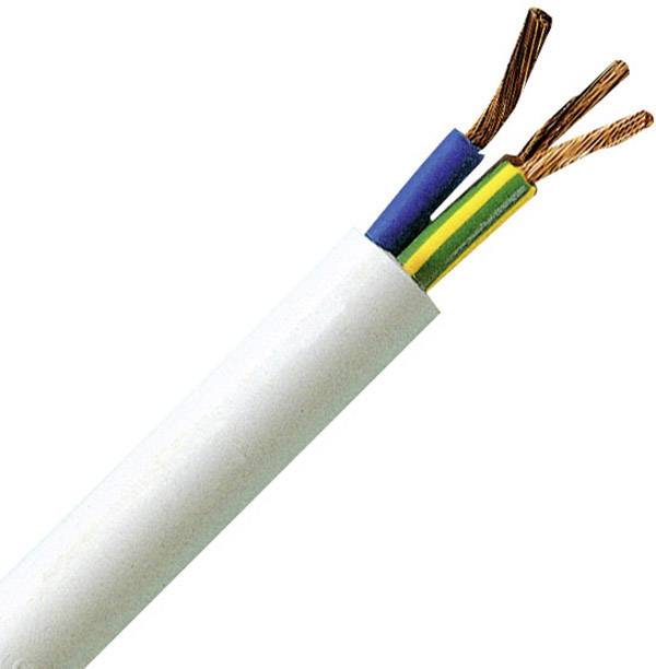 Multi-core electrical cable with white outer sheathing; contains three insulated copper wires in blue, yellow-green and brown.
