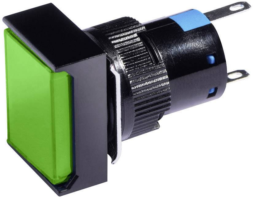 A square, green push button with a black housing and blue markings, suitable for electronic devices.