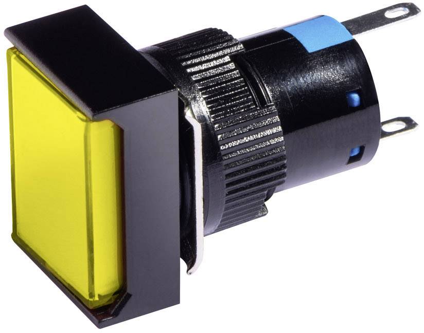 A rectangular yellow push-button switch with a black housing and blue marking, suitable for electronic applications.