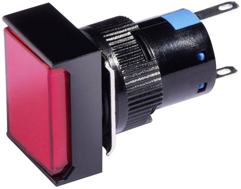 A red illuminated push switch with two metal terminals for electrical mounting, viewed from the side.