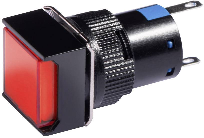 A red push button switch with a rectangular shape and black casing, suitable for electronic devices.