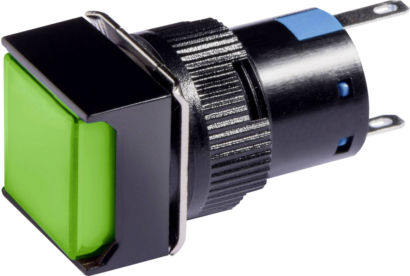 A rectangular, green push button with two metal terminals and a black housing.