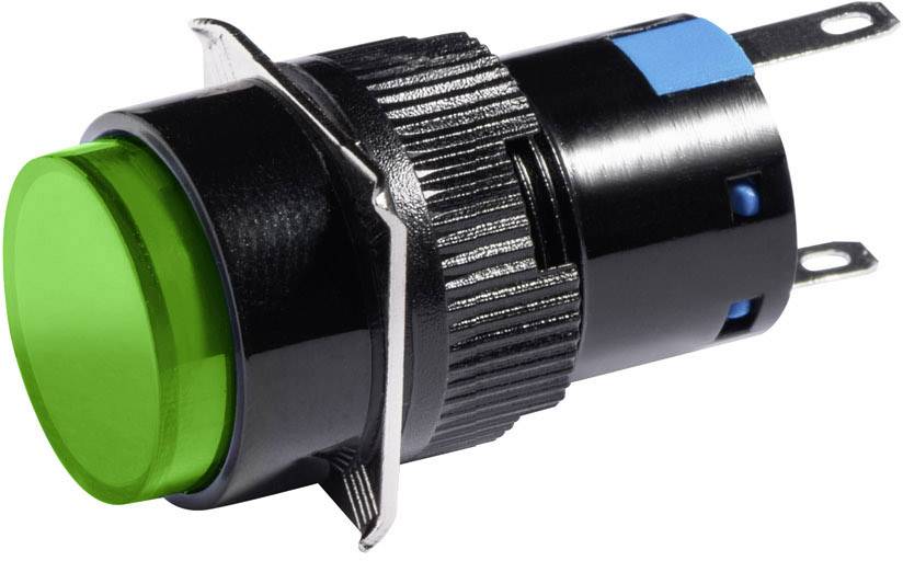 A round, green push-button switch with two metal terminals; suitable for electrical circuits and control systems.