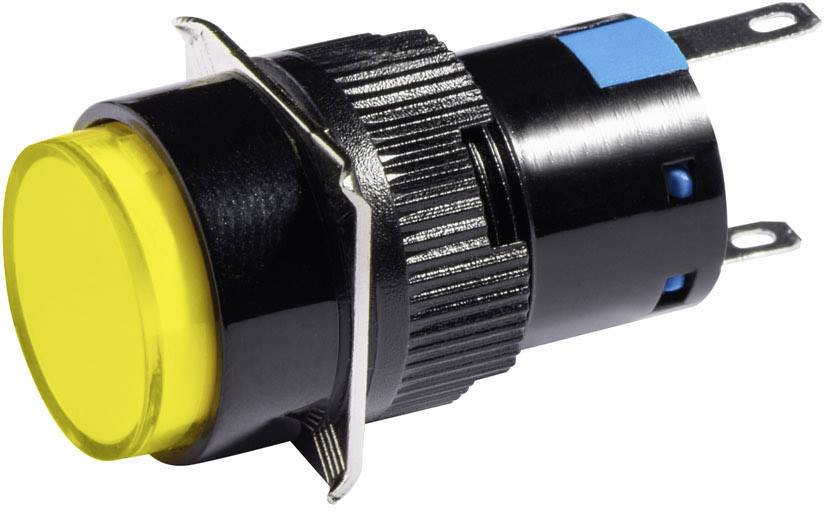 Yellow push-button switch, cylindrical design, black housing with metal mounting and blue elements, side connections.