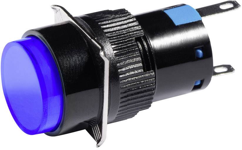 A blue push button with two metal terminals and threaded housing, suitable for electrical connection and control panels.