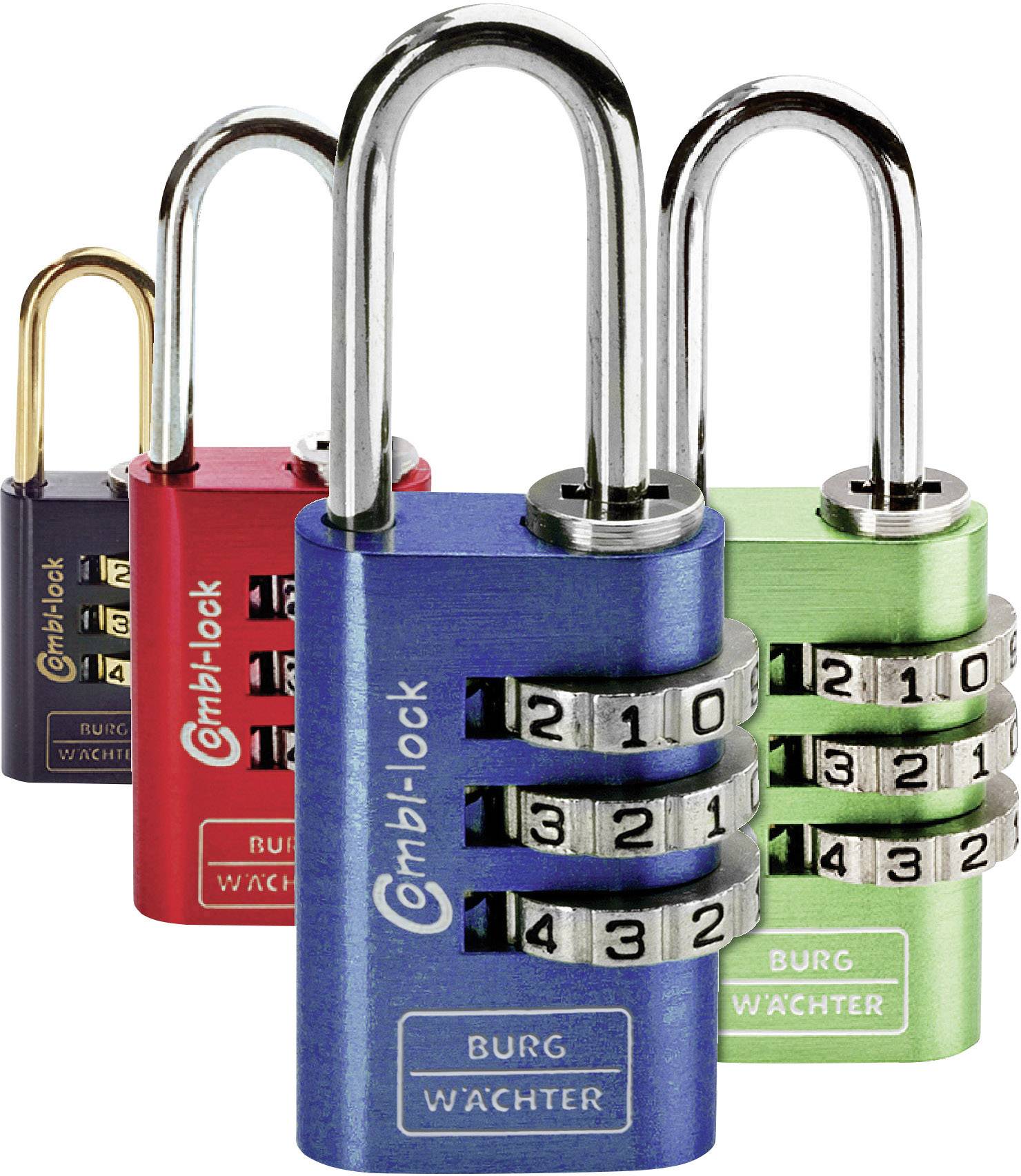 Three padlocks in red, blue and green with combination locks. Each lock shows a different number combination.