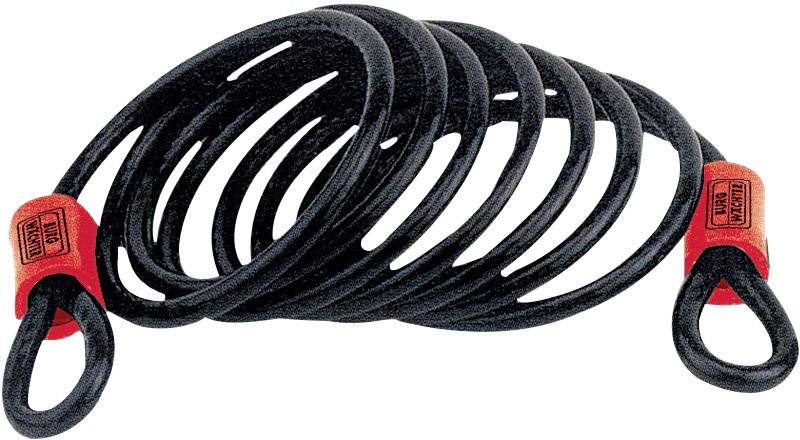 Black spiral bike lock with red ends, commonly used to secure bicycles or other equipment.