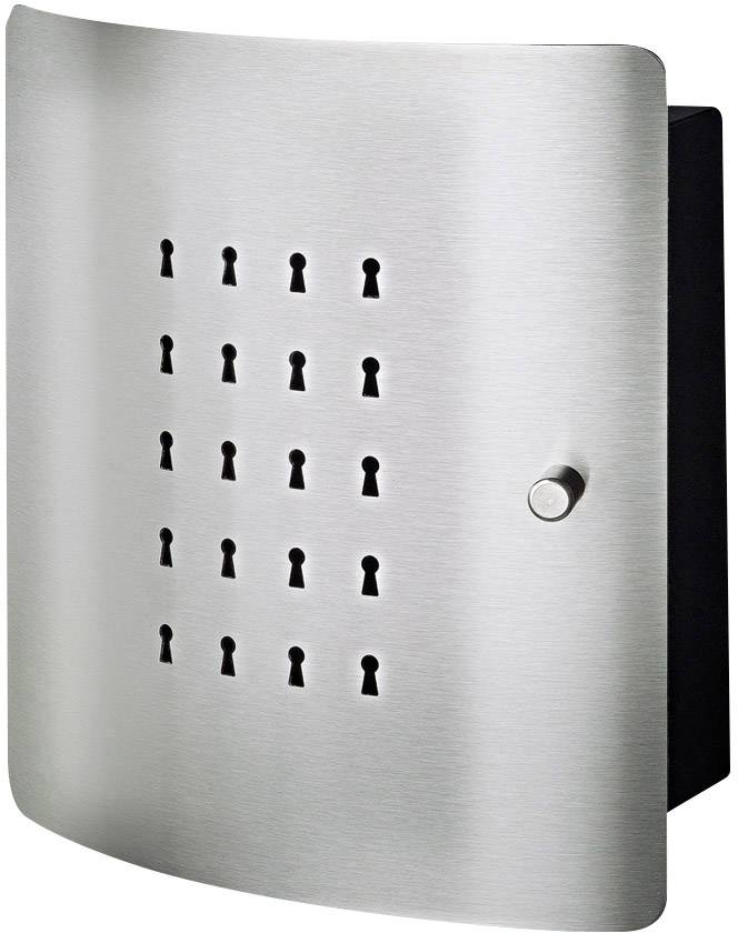 Stainless steel key cabinet with multiple keyhole designs on the front.