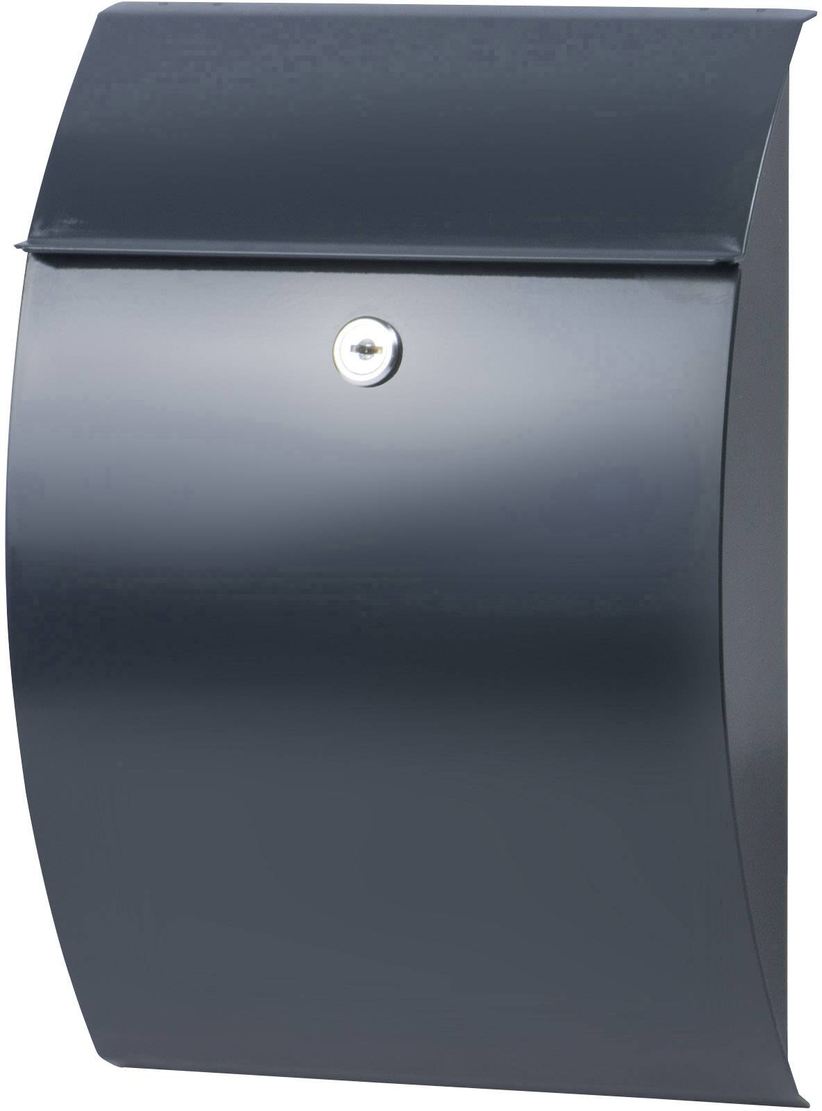 A modern, dark grey letterbox with a rounded design and a lock in the centre of the flap.