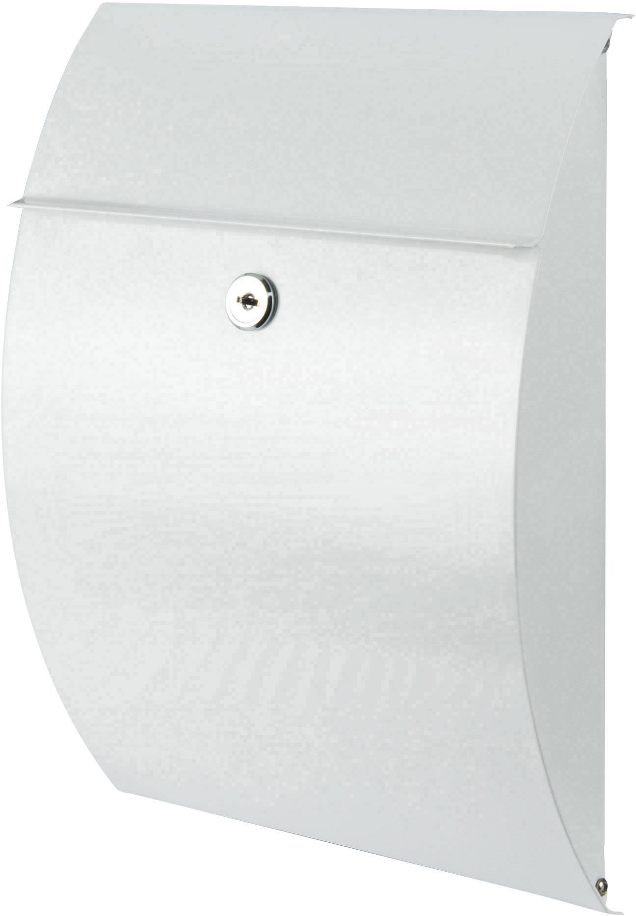 Silver, contemporary metal letterbox with an angled lid and a keyhole in the centre.