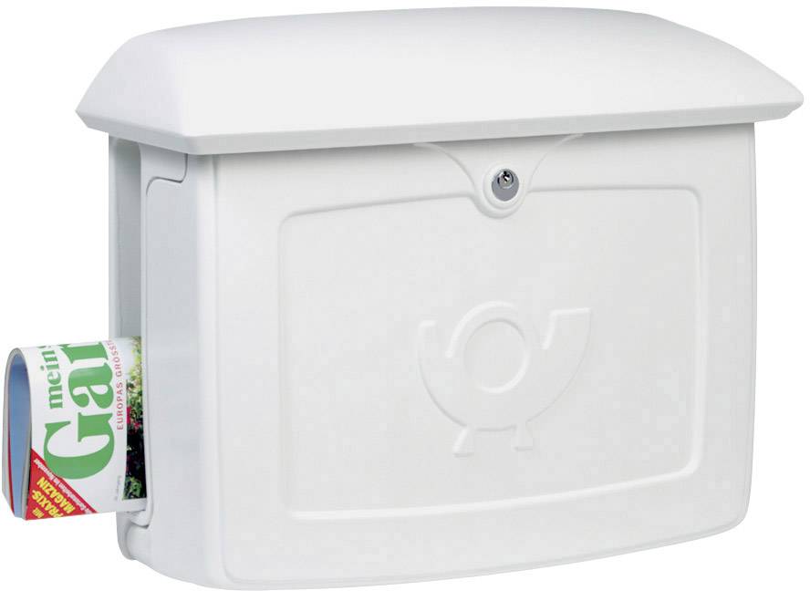 A white letterbox with a magazine dropped inside, recognisable by the protruding magazine edge on the left side.
