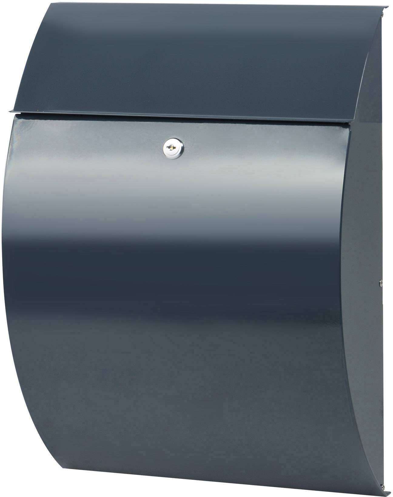 A black letterbox with a security lock, mounted on a wall.