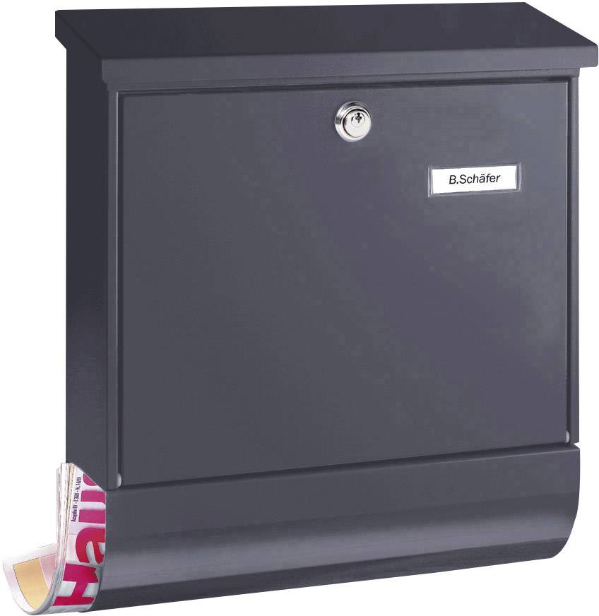 Black letterbox with a nameplate reading 'B. Schäfer', containing a partially visible newspaper protruding from the bottom.