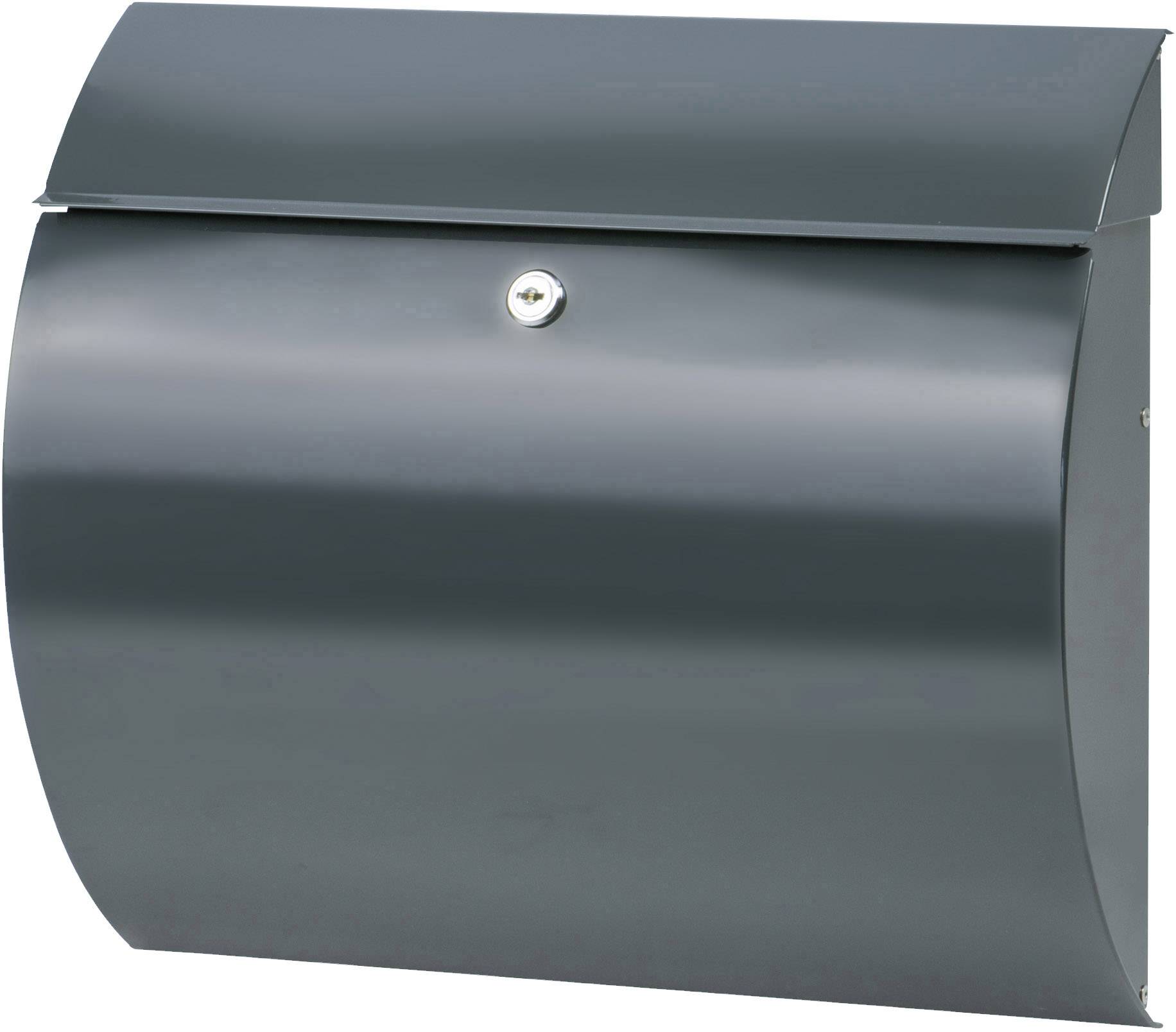 Grey postbox with a curved front and a lock in the centre.