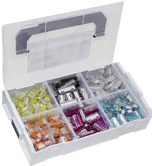 Storage box with six compartments, filled with transparent connectors in various colours: yellow, orange, black, pink, blue, and clear.