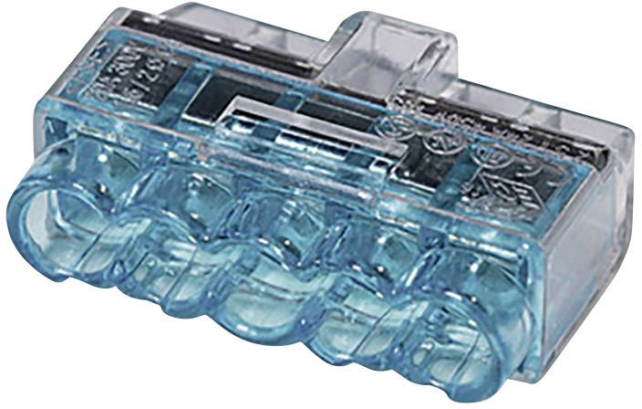 Plastic connection clamp with blue and transparent casing, suitable for connecting multiple cables in electrical installations.