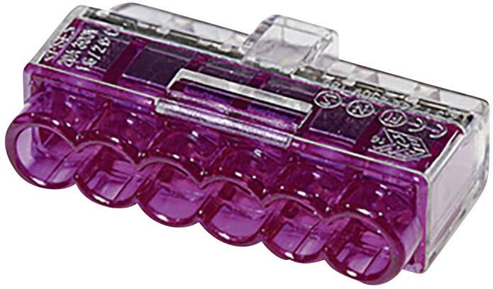 Translucent purple electrical connector block with multiple connection points, designed for secure cable wiring.
