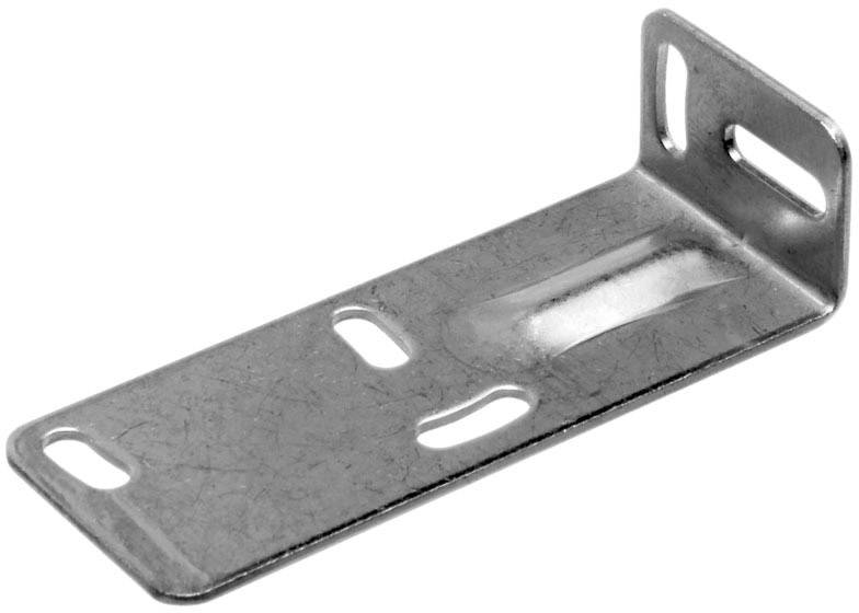 Metal angle bracket with four mounting holes, suitable for shelf installation or as a connecting piece for furniture.