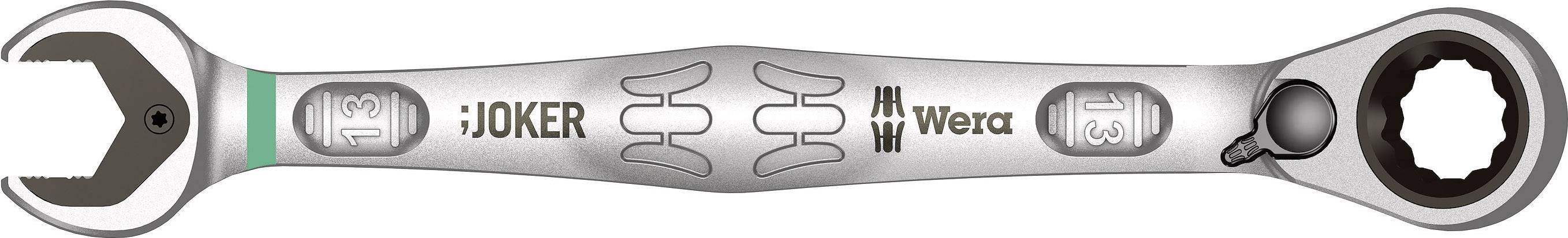 A double-sided spanner with an open jaw and ratchet ring, silver-coloured, with 'Joker' and 'Wera' logos in the centre.