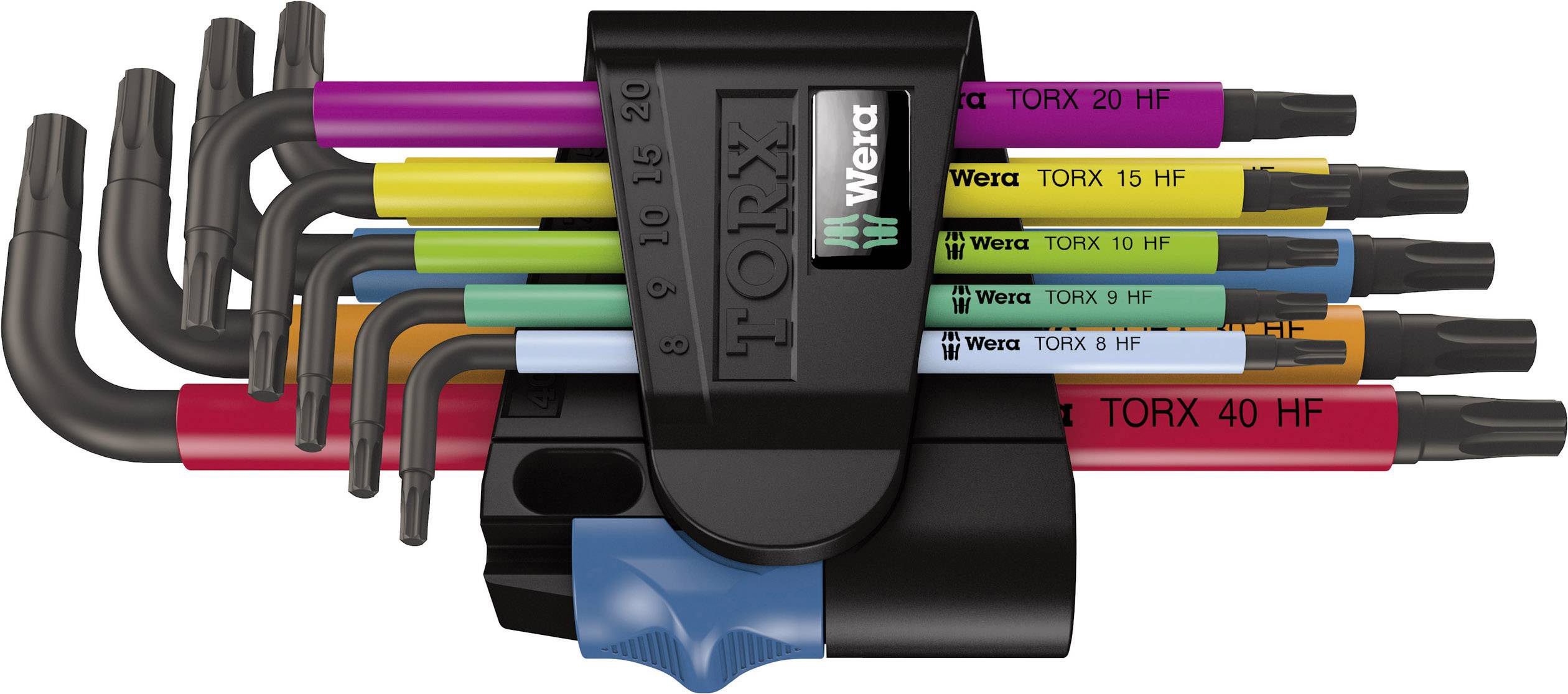Multi-coloured set of Allen keys with grip tabs, marked from 'TORX 20 HF' to 'TORX 40 HF', in a black holder.