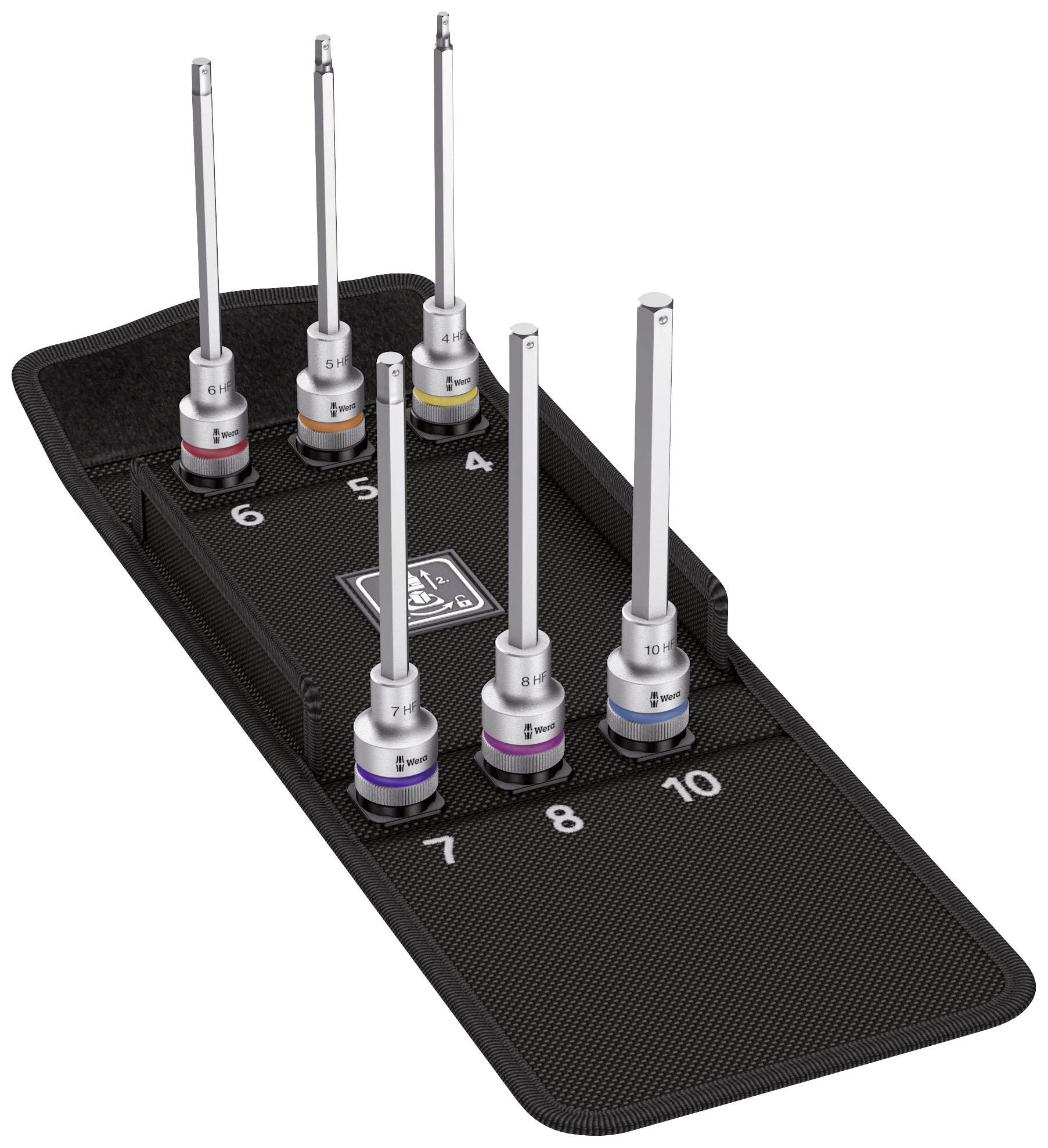 A set of six long socket spanners in a black holder, numbered from five to ten, with colour-coded base rings.