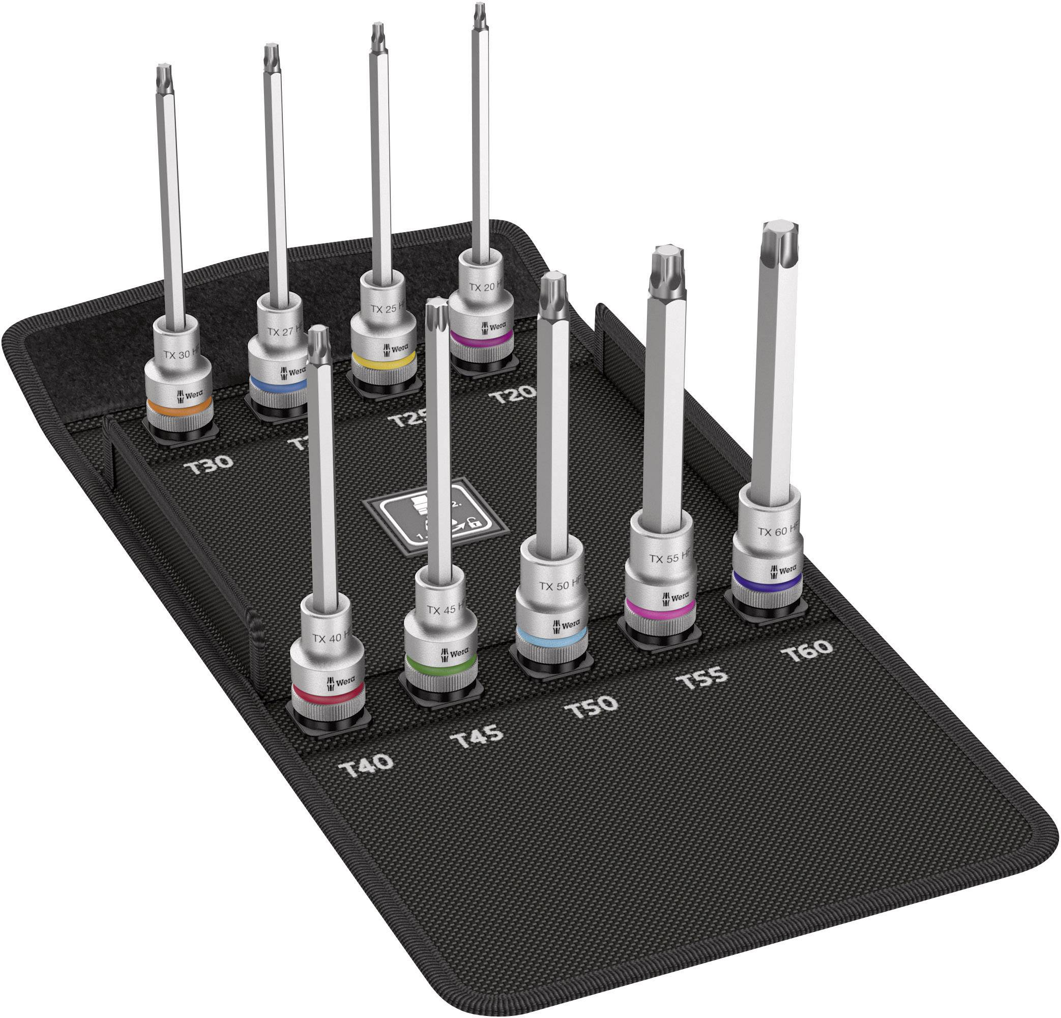 A set of seven Torx screwdriver bits (T20 to T60) in a black case. Each bit is colour-coded.