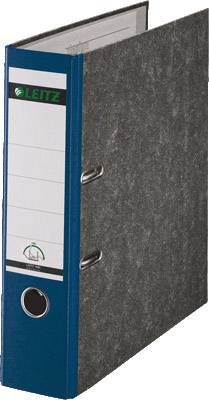 A blue and grey lever arch file with a lever mechanism. 'Leitz' is printed on the spine. Suitable for filing documents.