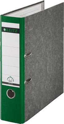 The image shows a grey Leitz folder with a green spine and metal lever mechanism.