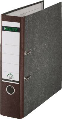 A grey lever arch file stands upright. The label reads 'Leitz'. The file has two rings for inserting documents.