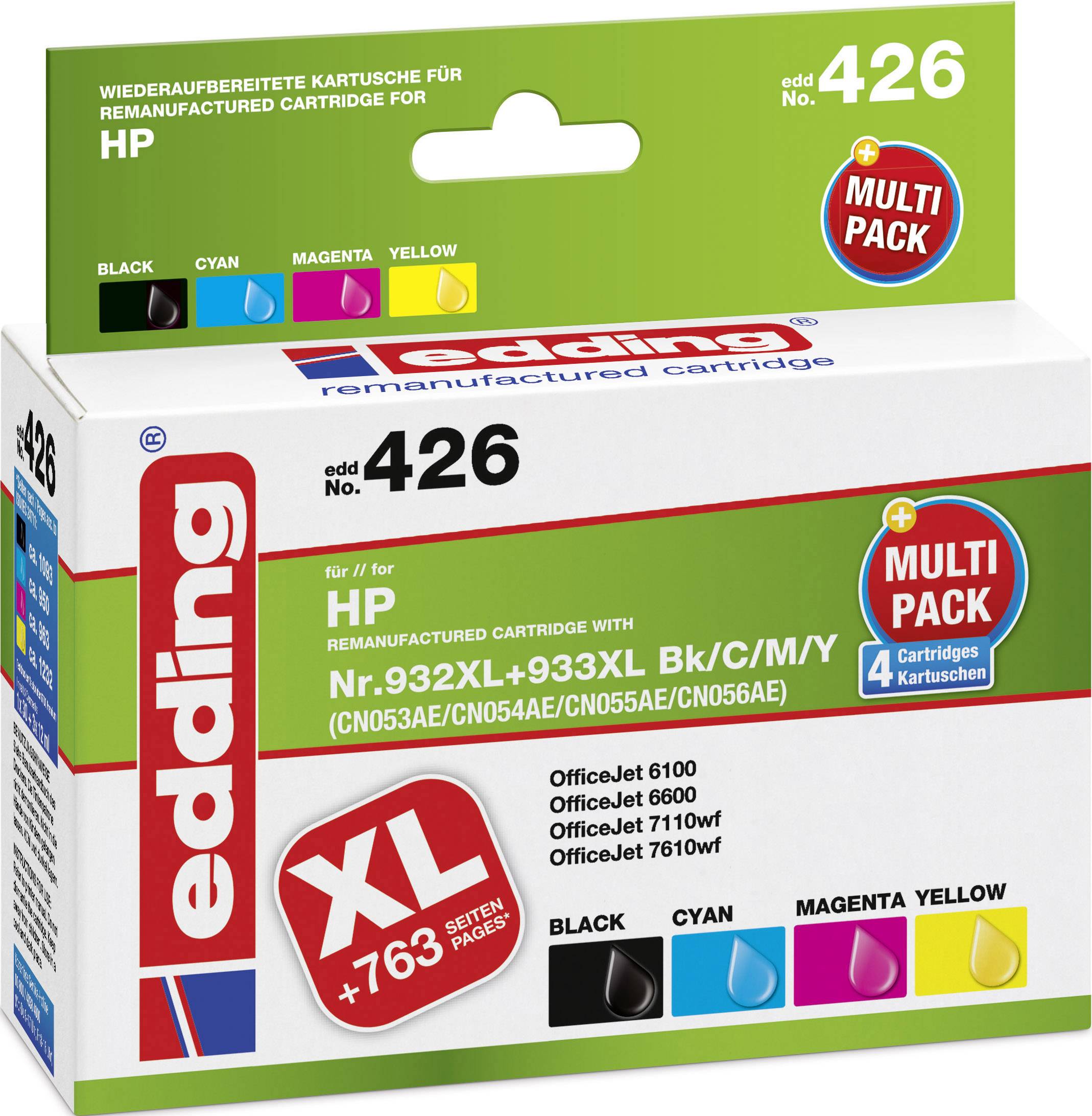 Remanufactured cartridge multipack by edding for HP printers. Contains 4 colour cartridges: Black, Cyan, Magenta, Yellow, each with 763 page capacity.