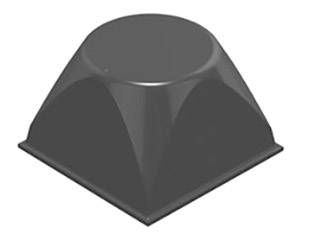 A single, dark chocolate piece in a pyramid shape with smooth sides and a flat top.