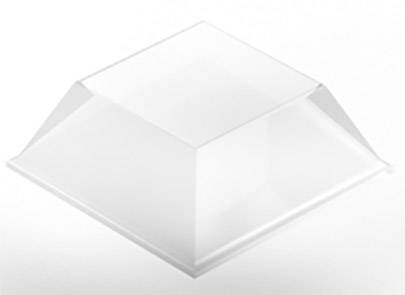 A transparent, pyramid-shaped plastic base with a square bottom and four angled sides on a white background.