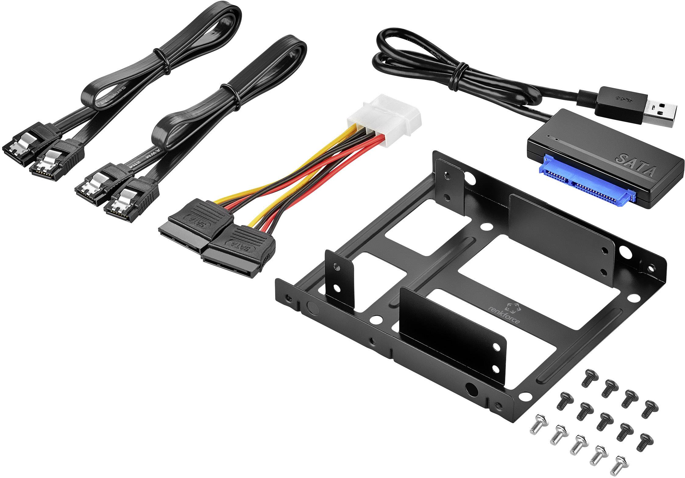PC accessories kit with SATA cables, USB cables, adapters, drive bay, and screws for hard drive installation.