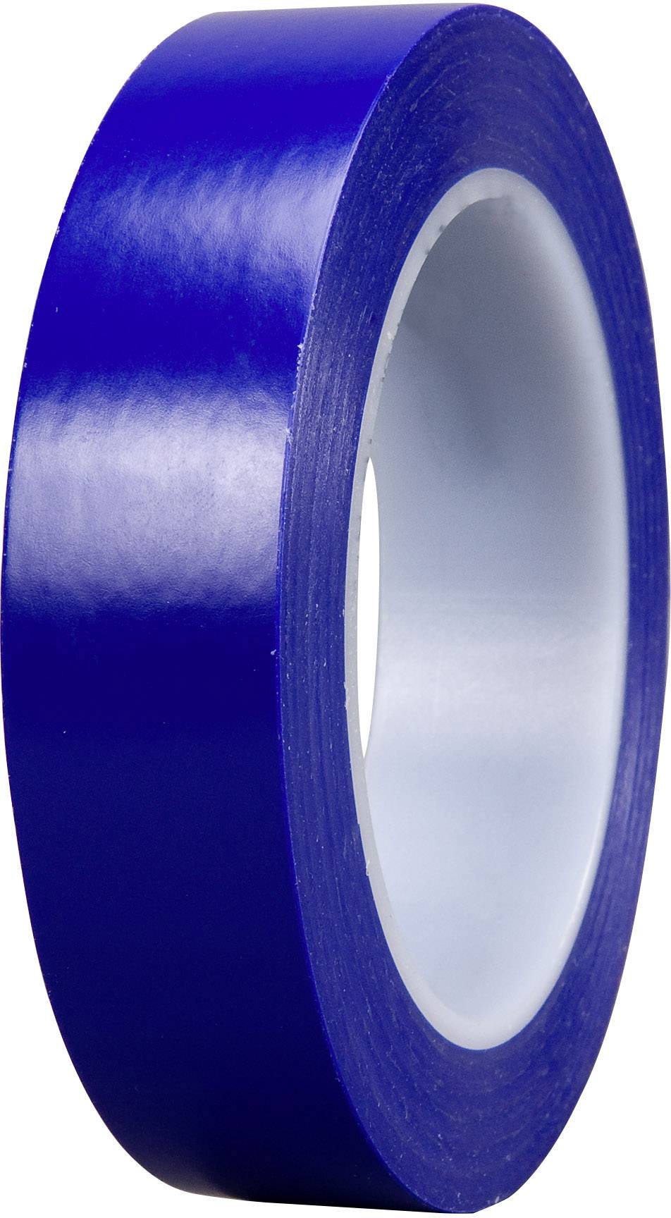 A blue roll of insulating tape, viewed from the side, shows a glossy surface. Ideal for electrical applications.
